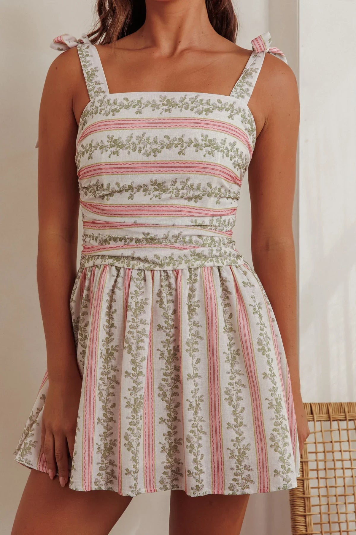 Bestie Tied Shoulder Mini Dress Floral Green