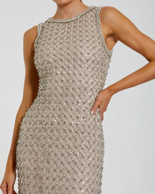 Beige Embellished High Neck Column Gown