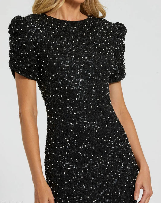 Black Gathered Short Sleeve Embellished Gown