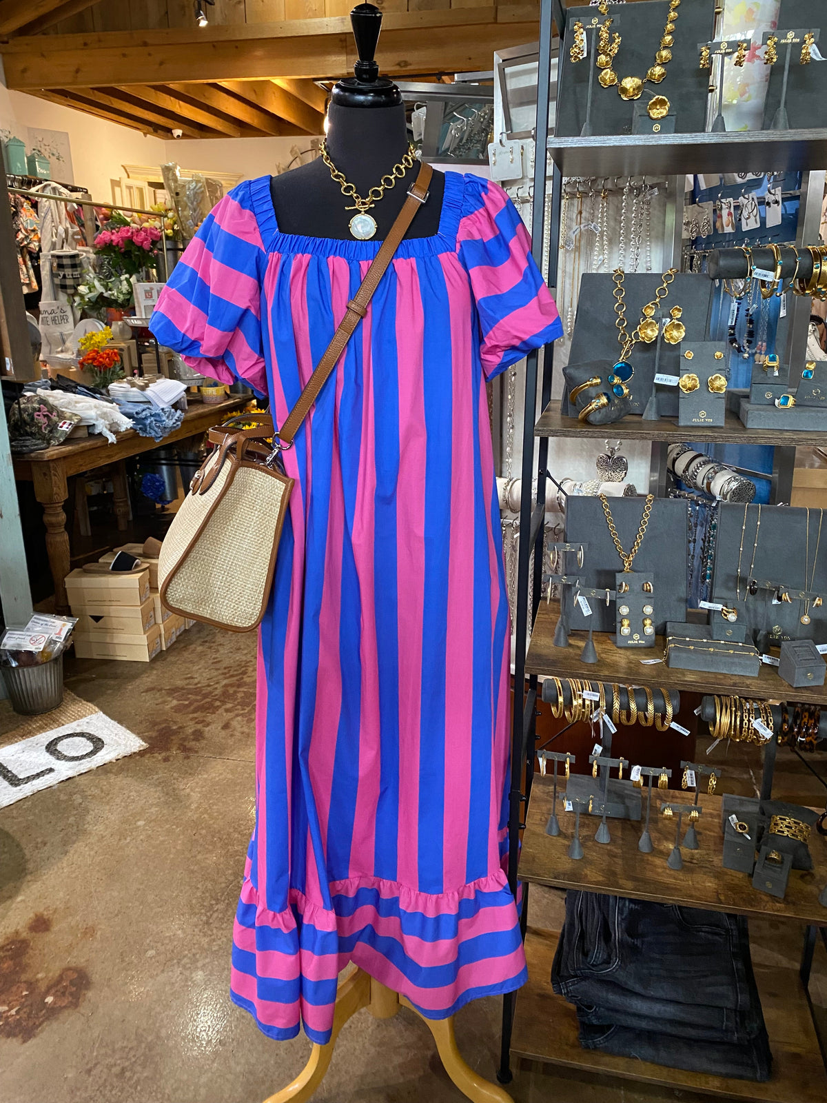 Balloon sleeve stripe poplin dress