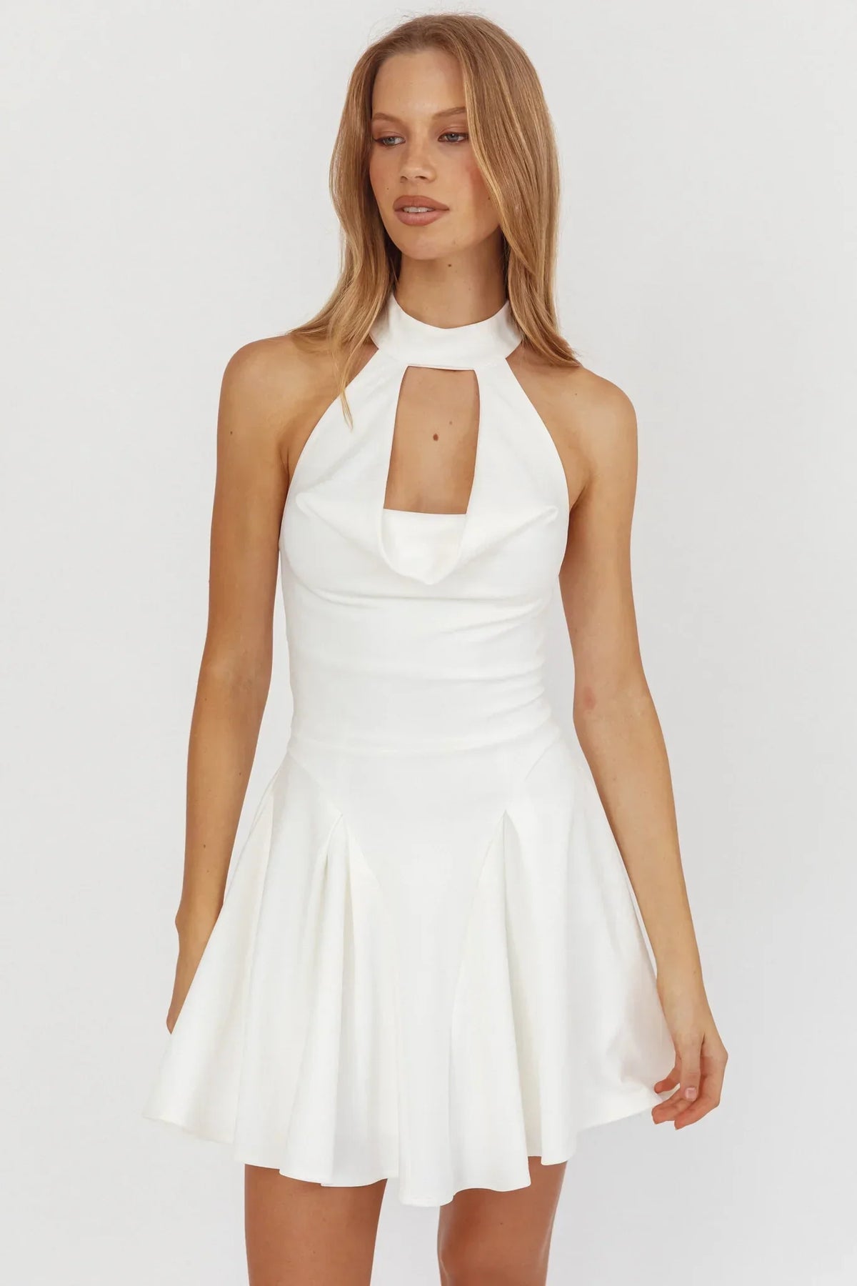 Charlene Cowl Halterneck Mini Dress White