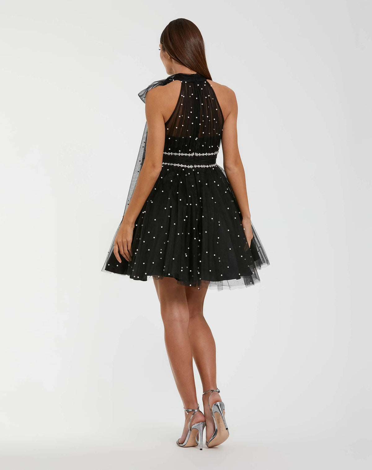Black Pearl Embellished A Line Mini Dress with Bow