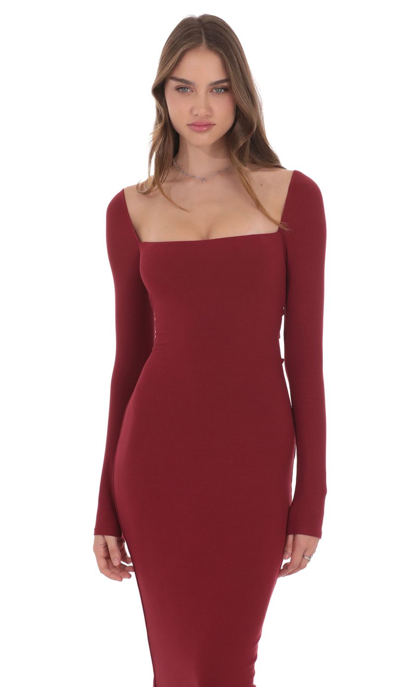 Cinch-Tie Ribbed Maxi Dress in Burgundy
