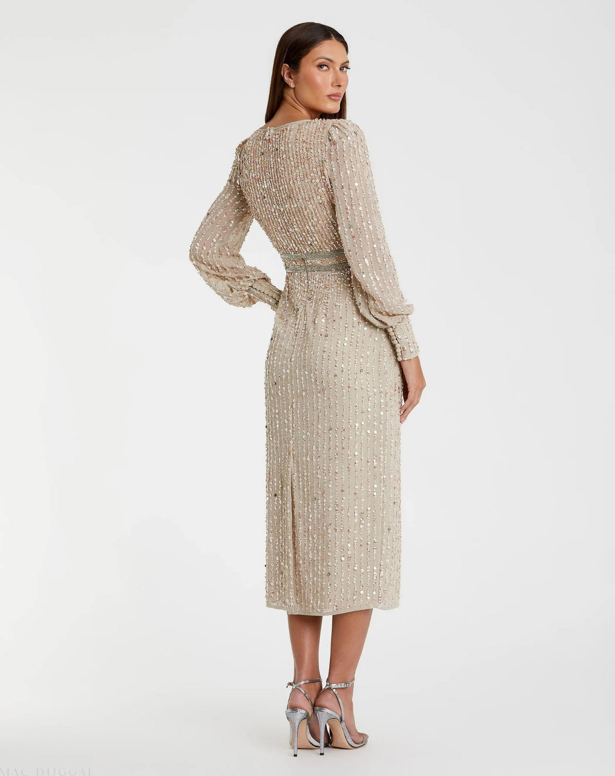 Beige Sequined V Neck Bishop Sleeve Dress