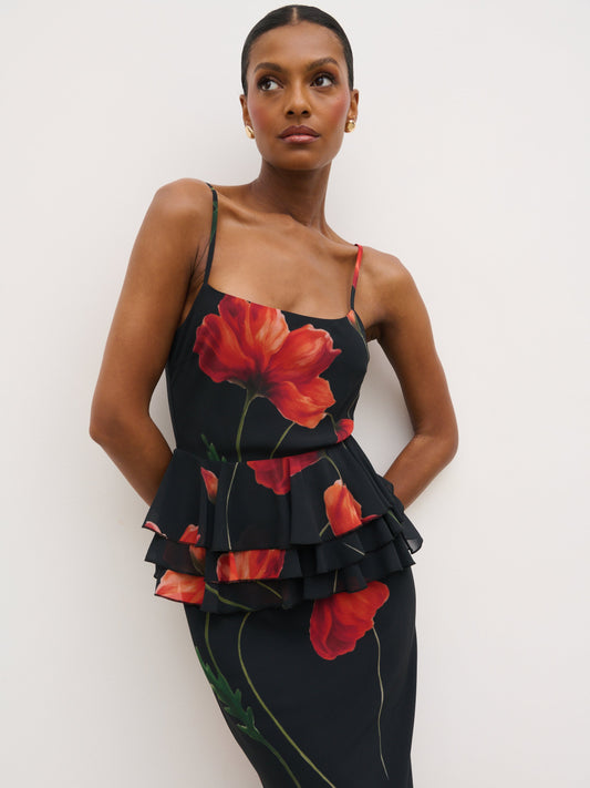 Rosie Peplum Ruffle Maxi Dress - Largescale Poppy Petal Red