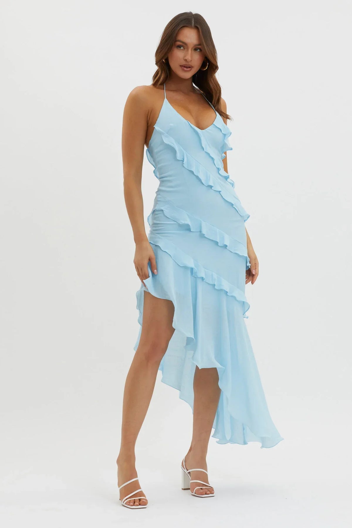Arrabel Tiered Ruffle Asymmetric Midi Dress Blue
