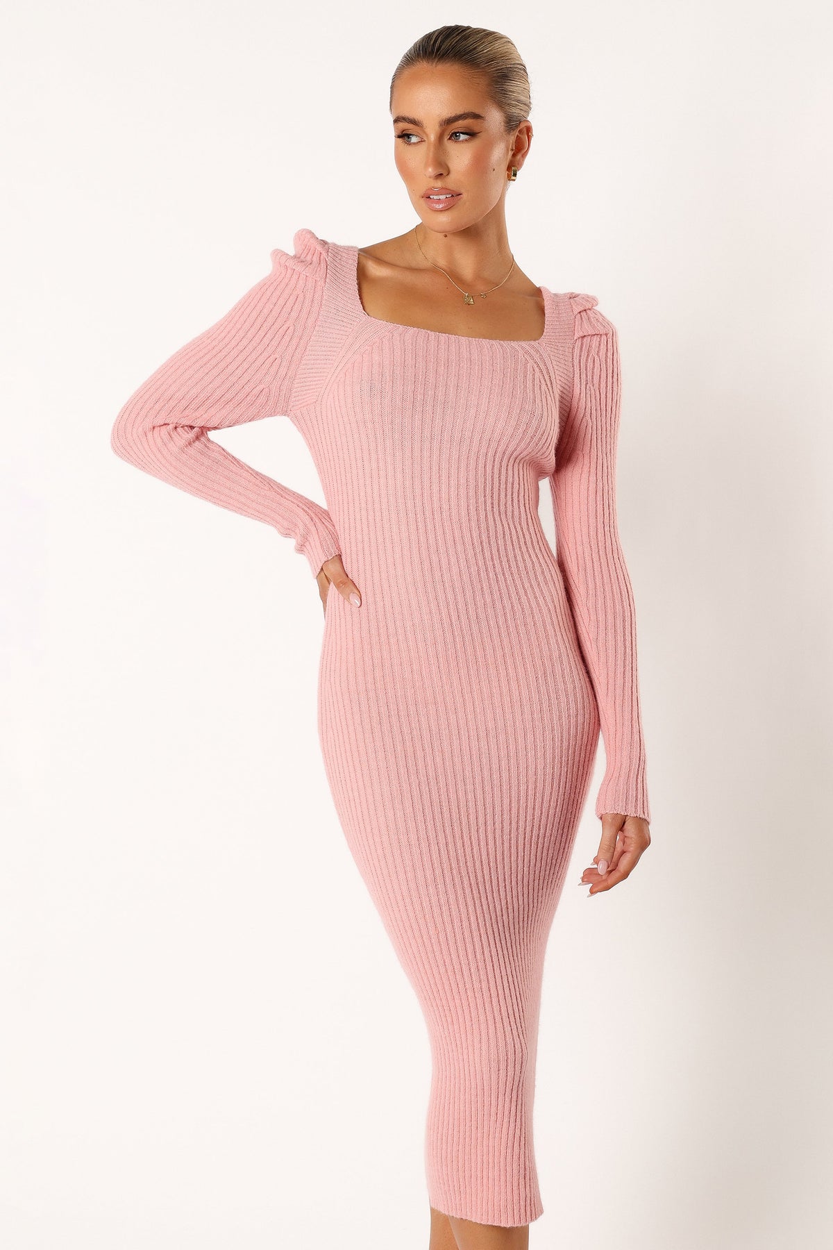 Camryn Puff Sleeve Knit Sweater Midi Dress - Blush