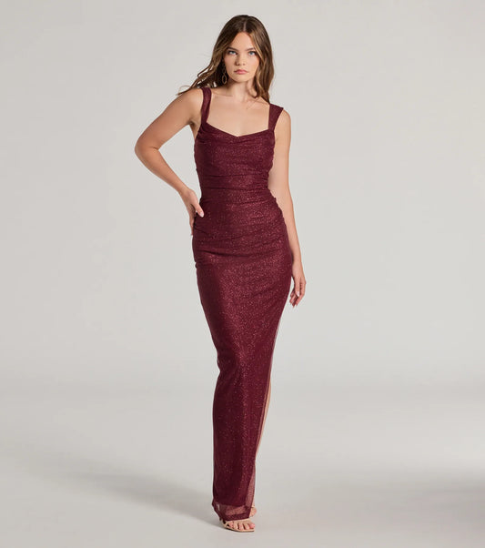Amora Glitter Mesh High Slit Column Dress
