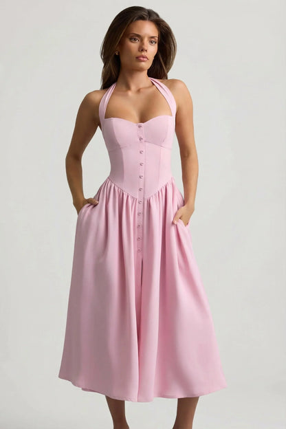 Button-Detail Halterneck Midaxi Dress in Soft Pink