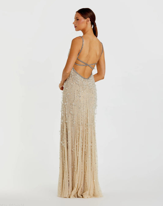 Beige V-Neck Column Gown with Fringe Embellishments