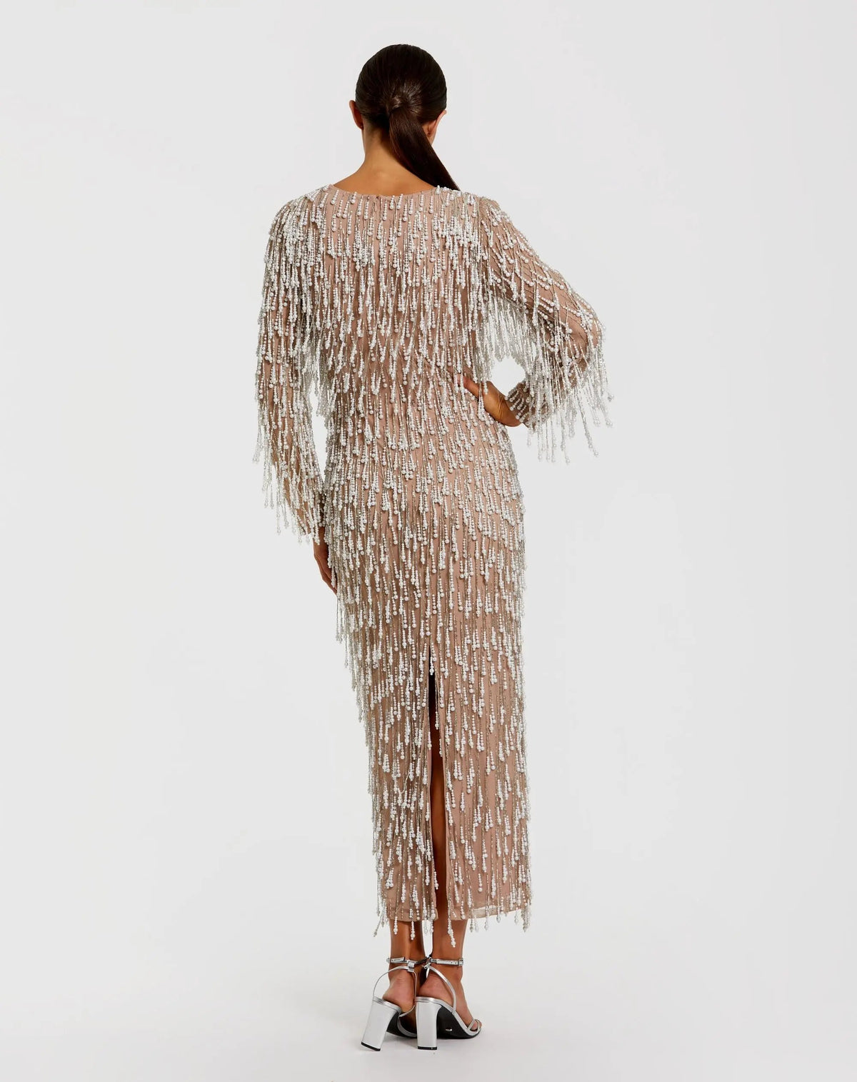 Beige Long Sleeve Midi Dress With Embellished Fringe