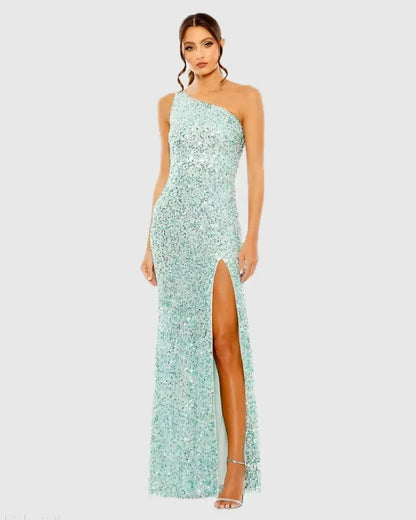 Blue Sequined One Shoulder Gown With Slit