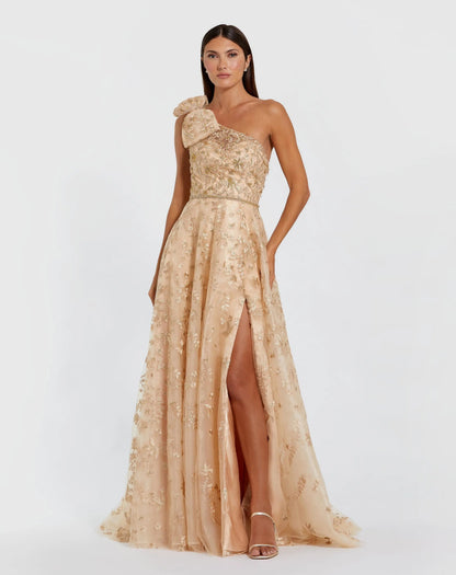 Beige Embellished Bow One Shoulder A Line Gown