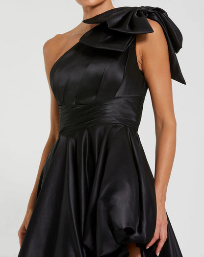 Black Satin One Shoulder Bow Gown