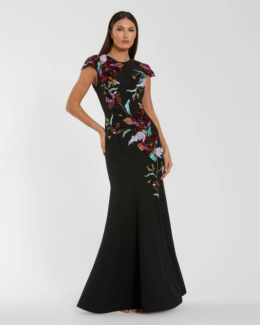 Black Floral Sequin Embellished Trumpet Gown