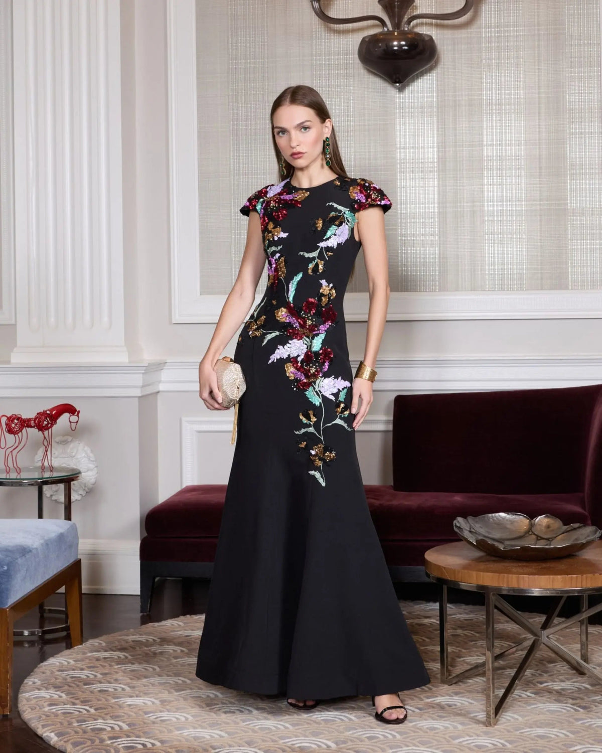 Black Floral Sequin Embellished Trumpet Gown