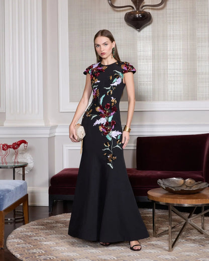 Black Floral Sequin Embellished Trumpet Gown