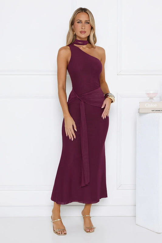 Aurora Elegance One Shoulder Mesh Maxi Dress Plum