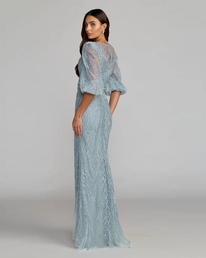 Blue Embroidered Boat Neck Puff Sleeve Gown