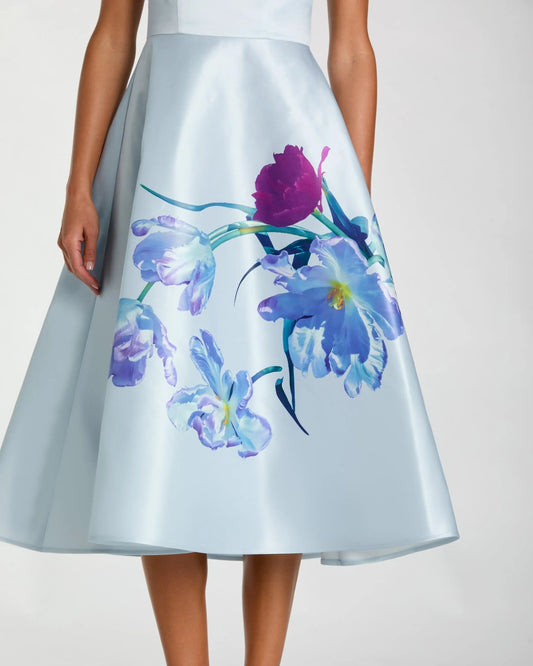 Blue Satin Cap Sleeve Midi Dress With Floral Print
