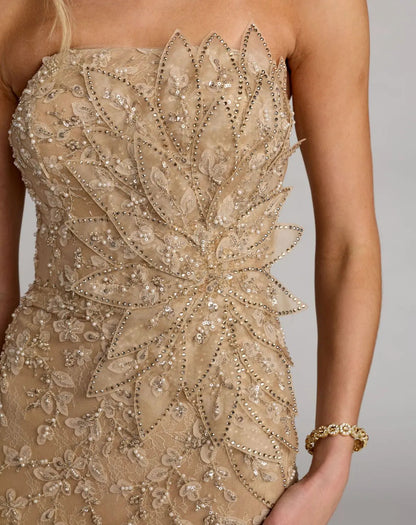 Beige Strapless Embellished Lace Gown with 3D Flower