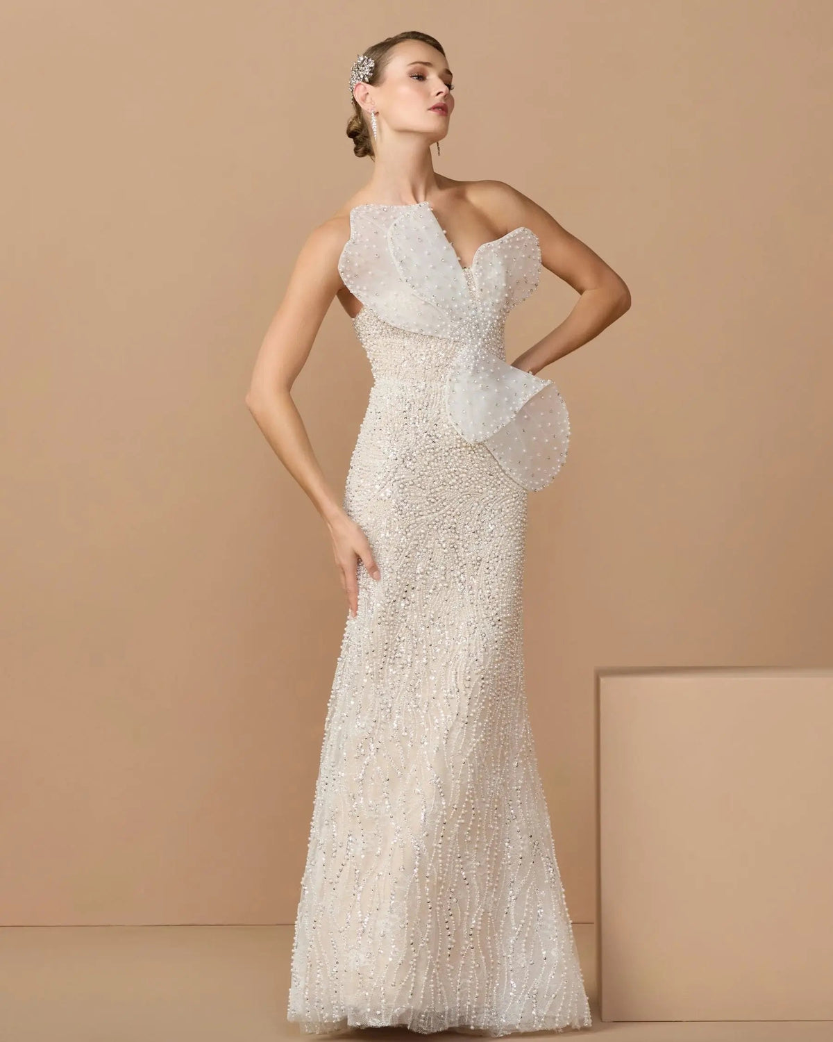 Ivory Strapless Embellished Column Gown With 3D Petals