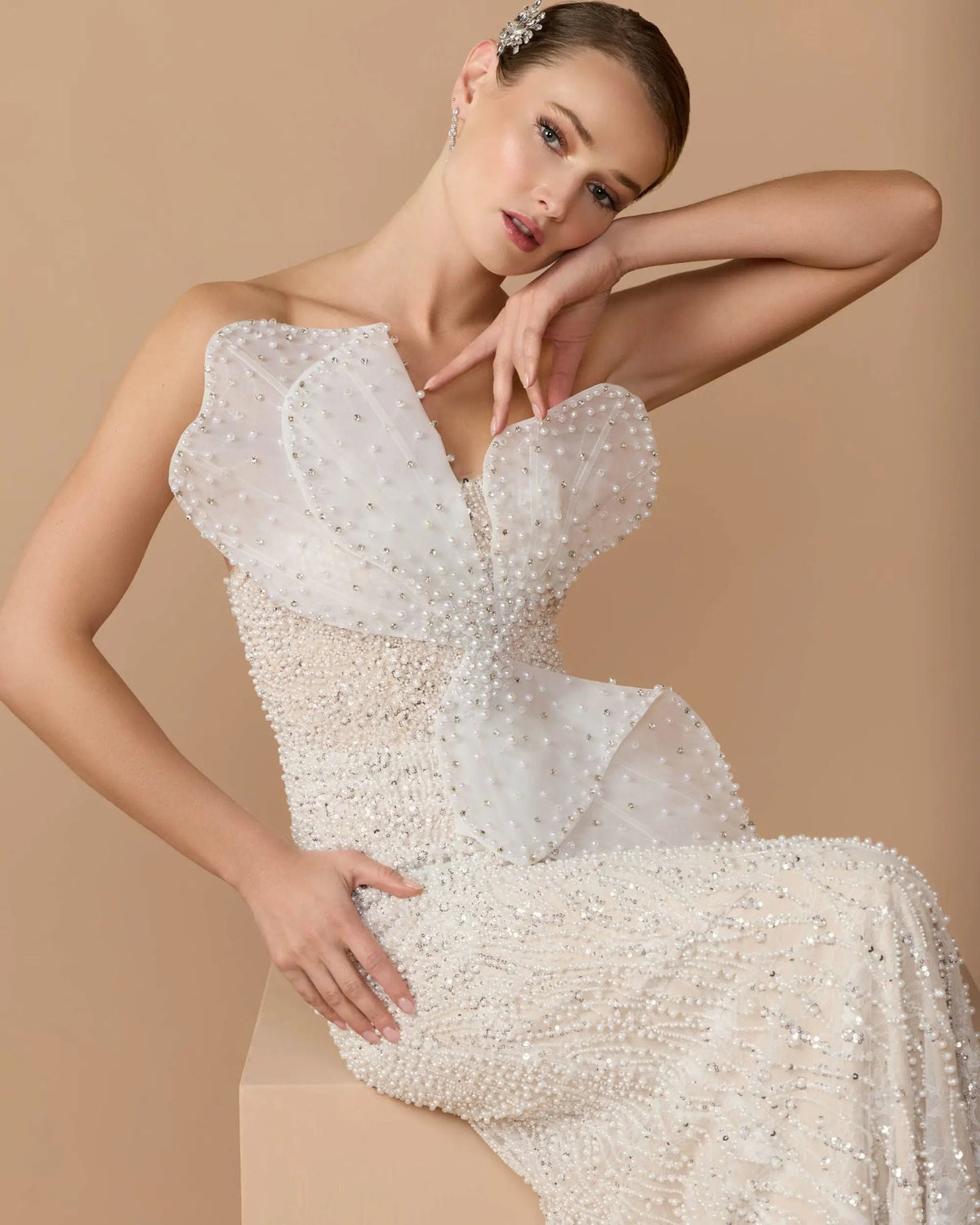Ivory Strapless Embellished Column Gown With 3D Petals
