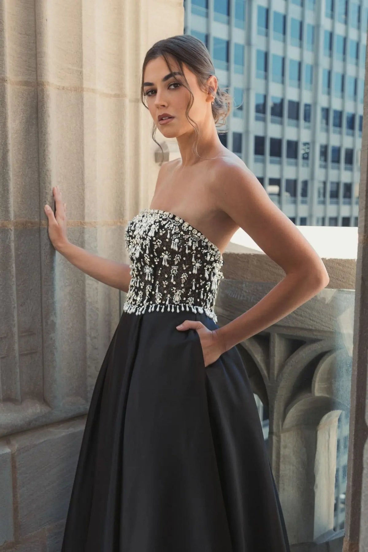 Black Strapless Embellished Top Satin Ball Gown