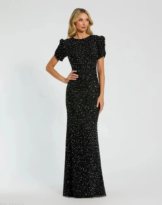 Black Gathered Short Sleeve Embellished Gown
