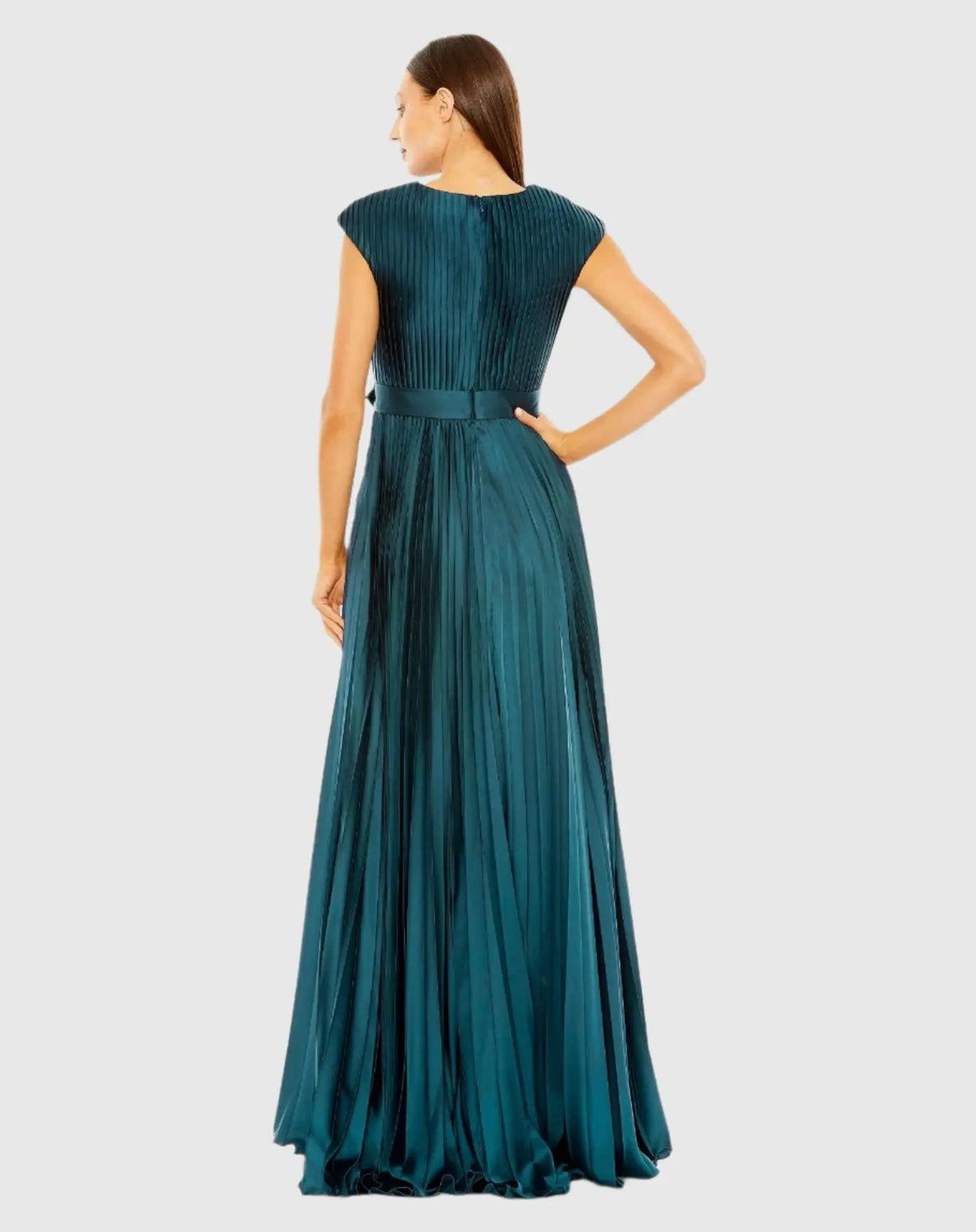 Blue Pleated Plunge Neck Belted A Line Gown