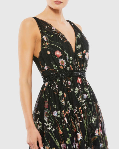 Black Floral Embroidered Midi Dress