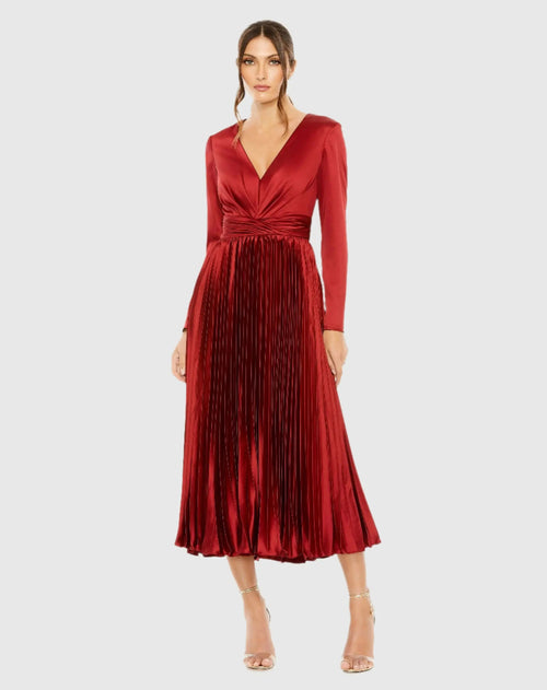 Deep Red Pleated Long Sleeve V-Neck Dress