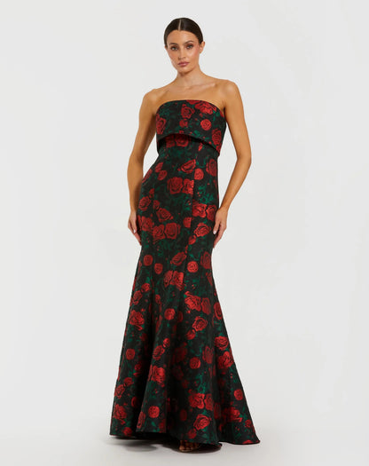 Black Strapless Floral Brocade Mermaid Gown
