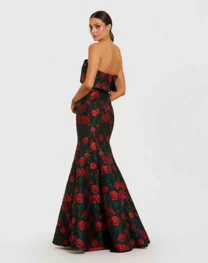 Black Strapless Floral Brocade Mermaid Gown