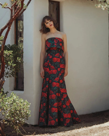Black Strapless Floral Brocade Mermaid Gown