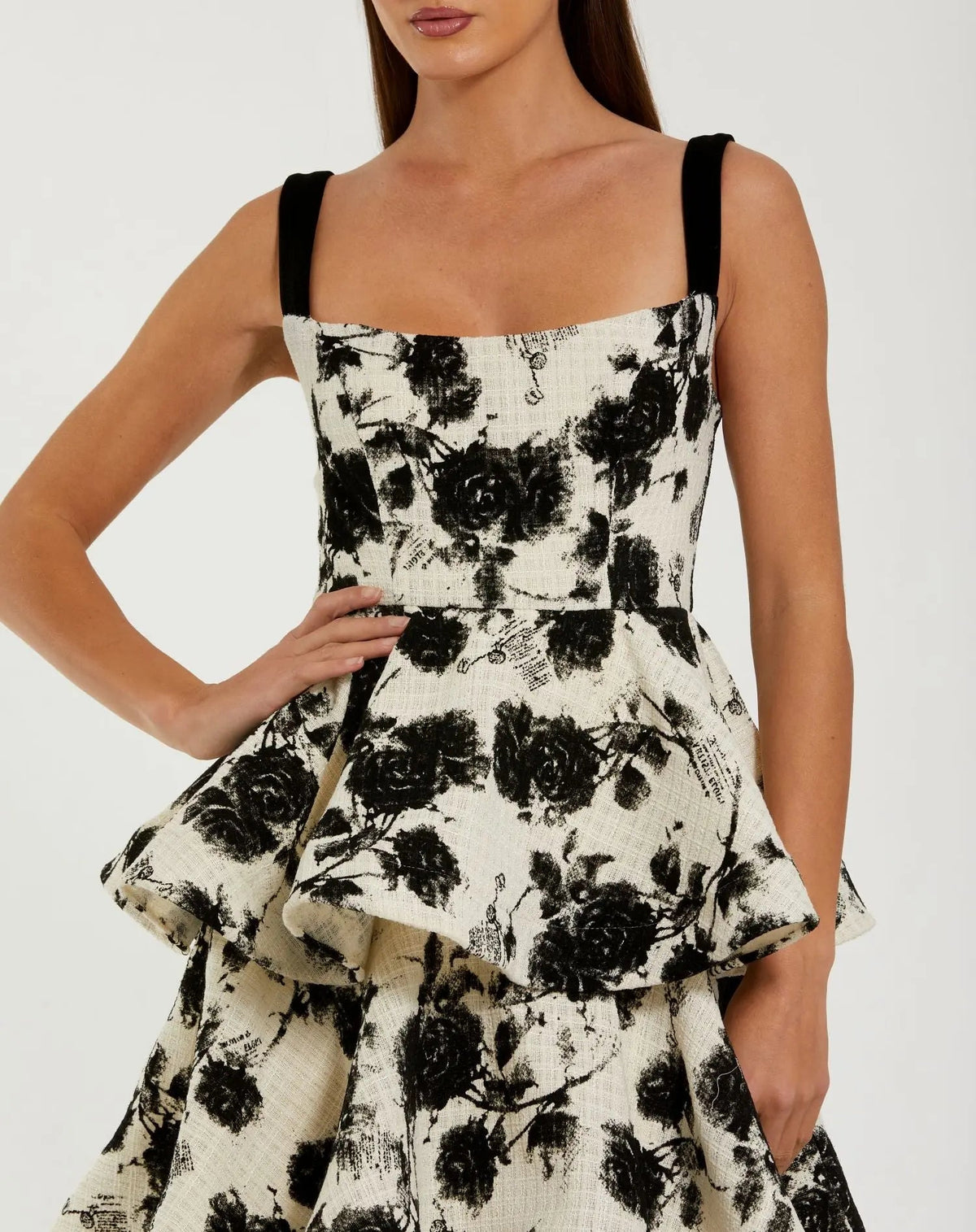 Black and White Floral Boucle Tiered Ruffle Gown