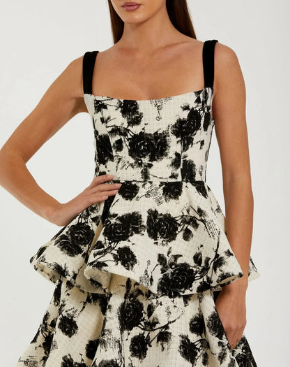Black and White Floral Boucle Tiered Ruffle Gown