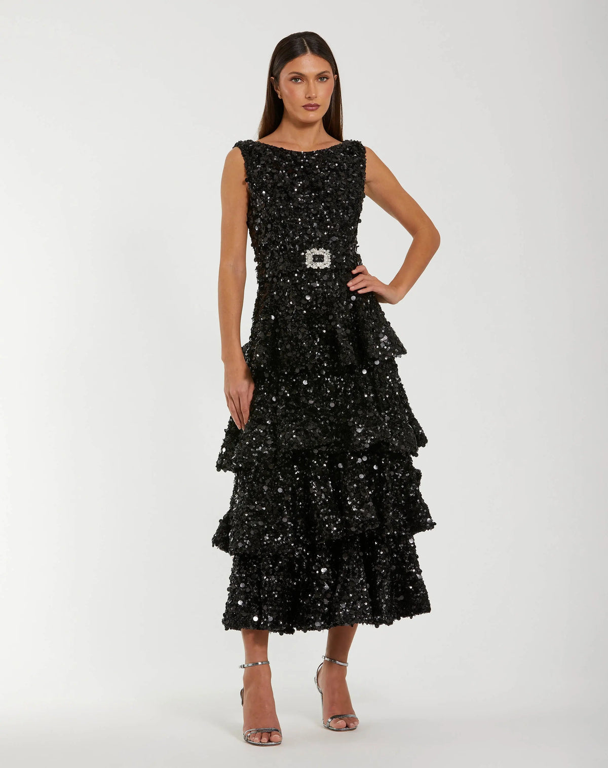 Black Sequin Ruffle Midi Dress with Belt
