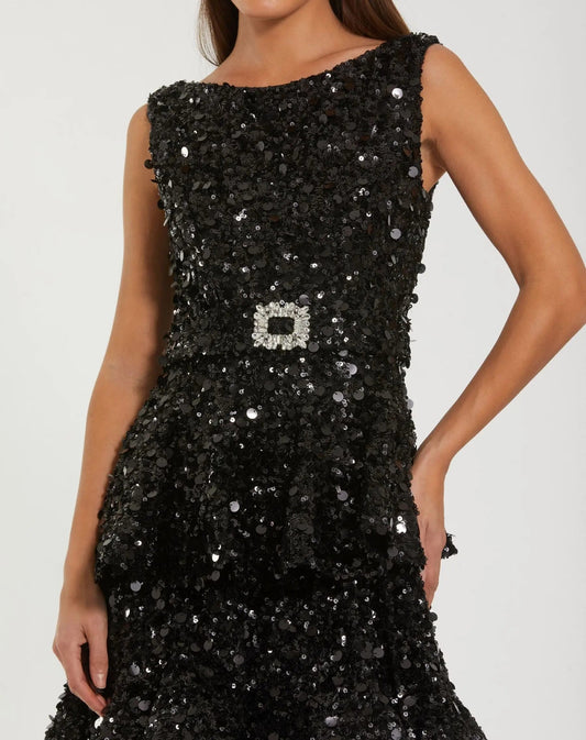 Black Sequin Ruffle Midi Dress with Belt