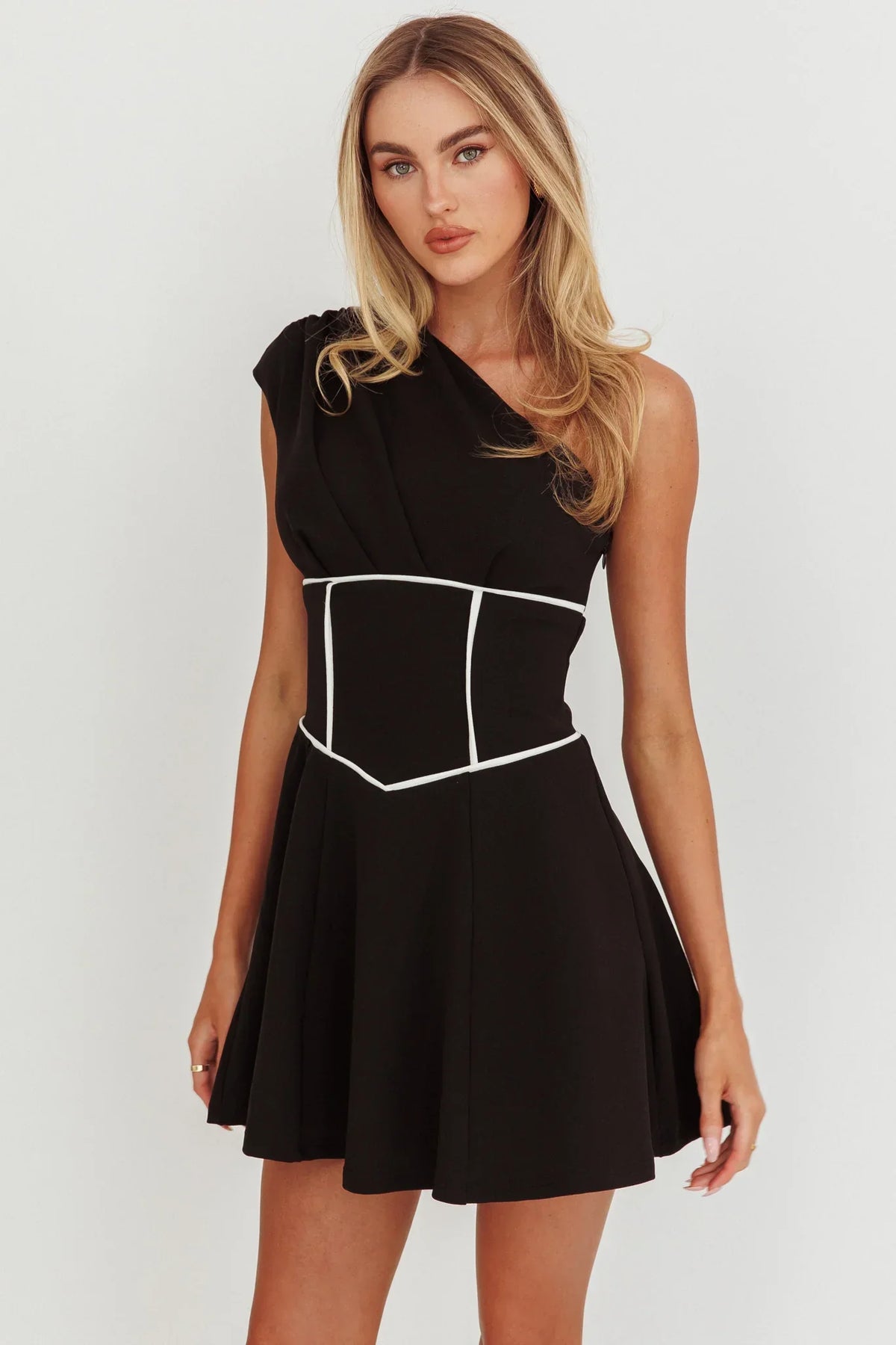 Carissa One-Shoulder Piping Mini Dress Black