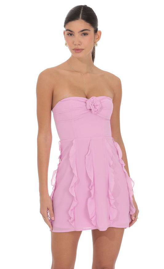 Chiffon Rosette Ruffle Dress in Pink