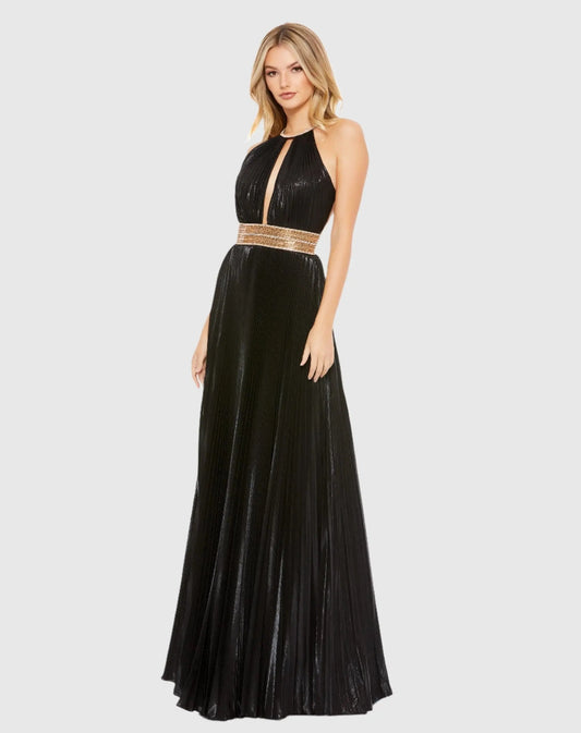 Black Pleated Embellished Halter Open Back Gown