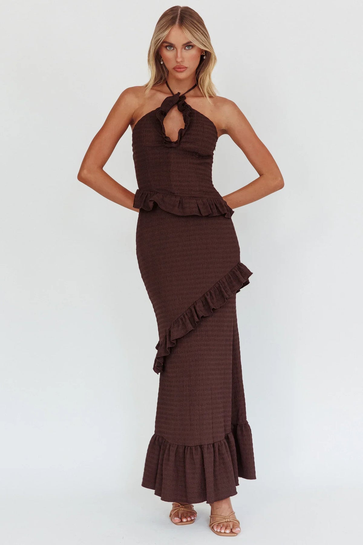 Clemence Smocked Frill Trim Maxi Dress Chocolate