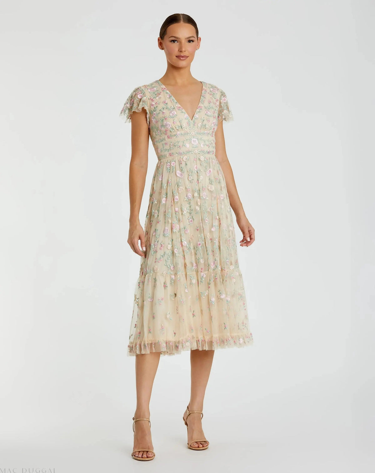 Beige Multicolor Embroidered V Neck Cap Sleeve Midi Dress - FINAL SALE