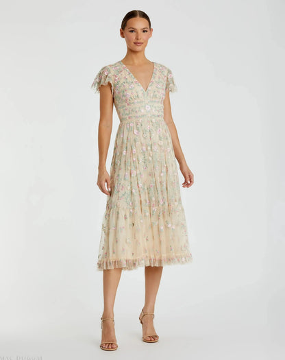 Beige Multicolor Embroidered V Neck Cap Sleeve Midi Dress - FINAL SALE