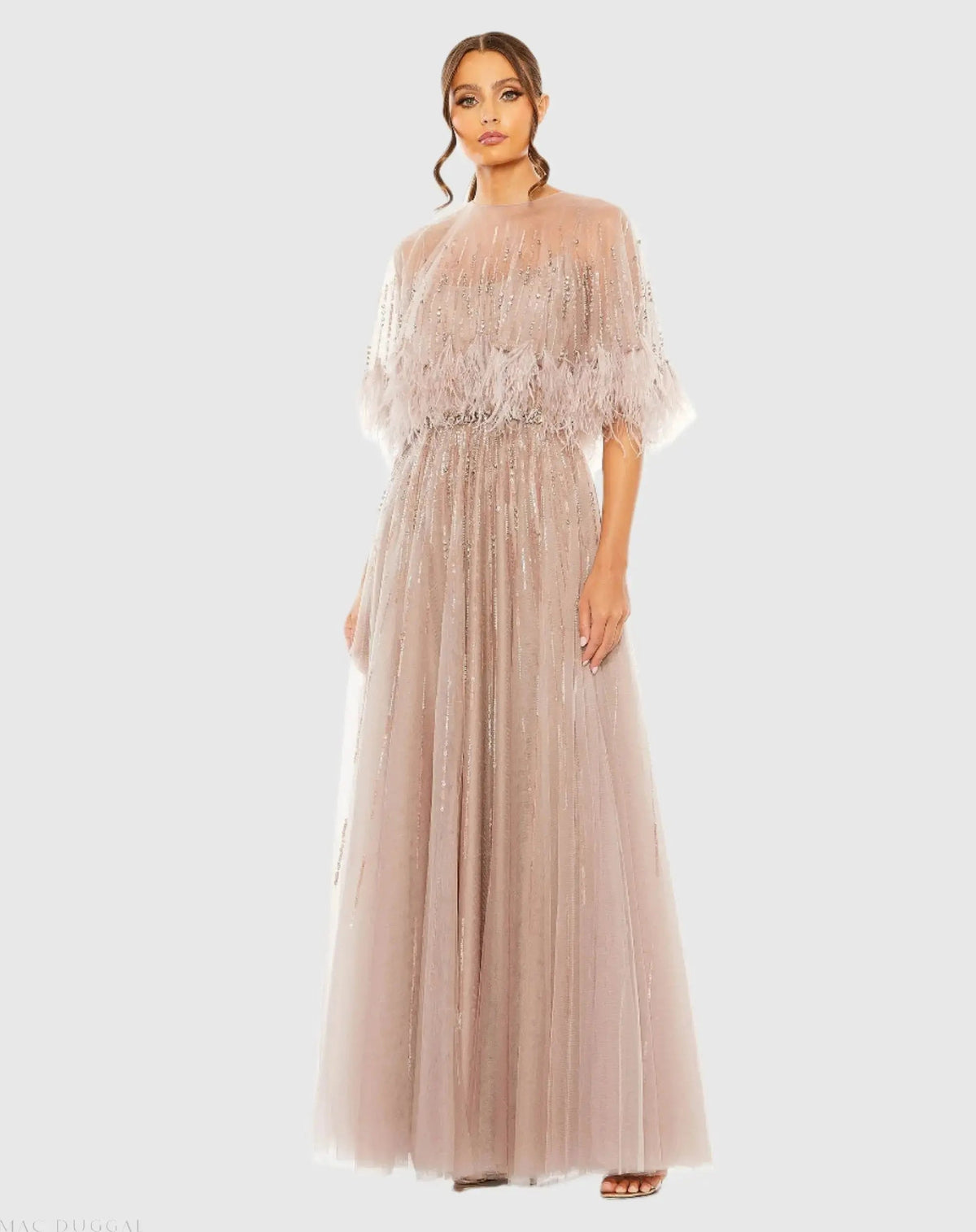 Beige Embellished A Line Gown with Feather Detail Cape