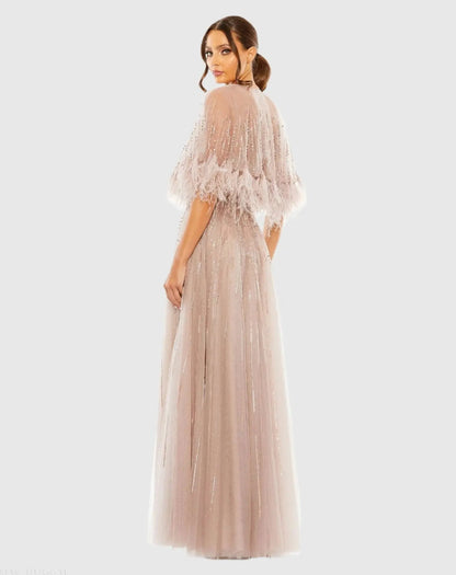 Beige Embellished A Line Gown with Feather Detail Cape