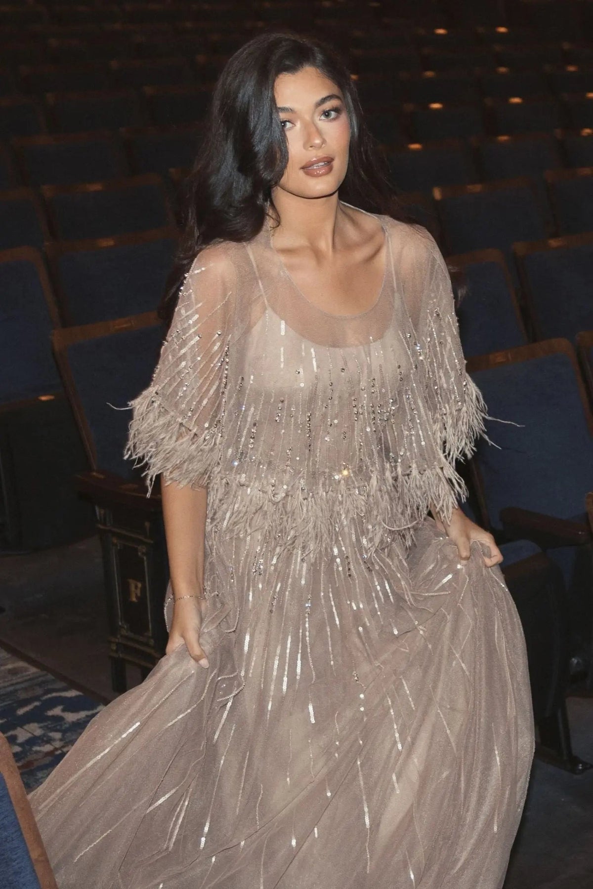 Beige Embellished A Line Gown with Feather Detail Cape