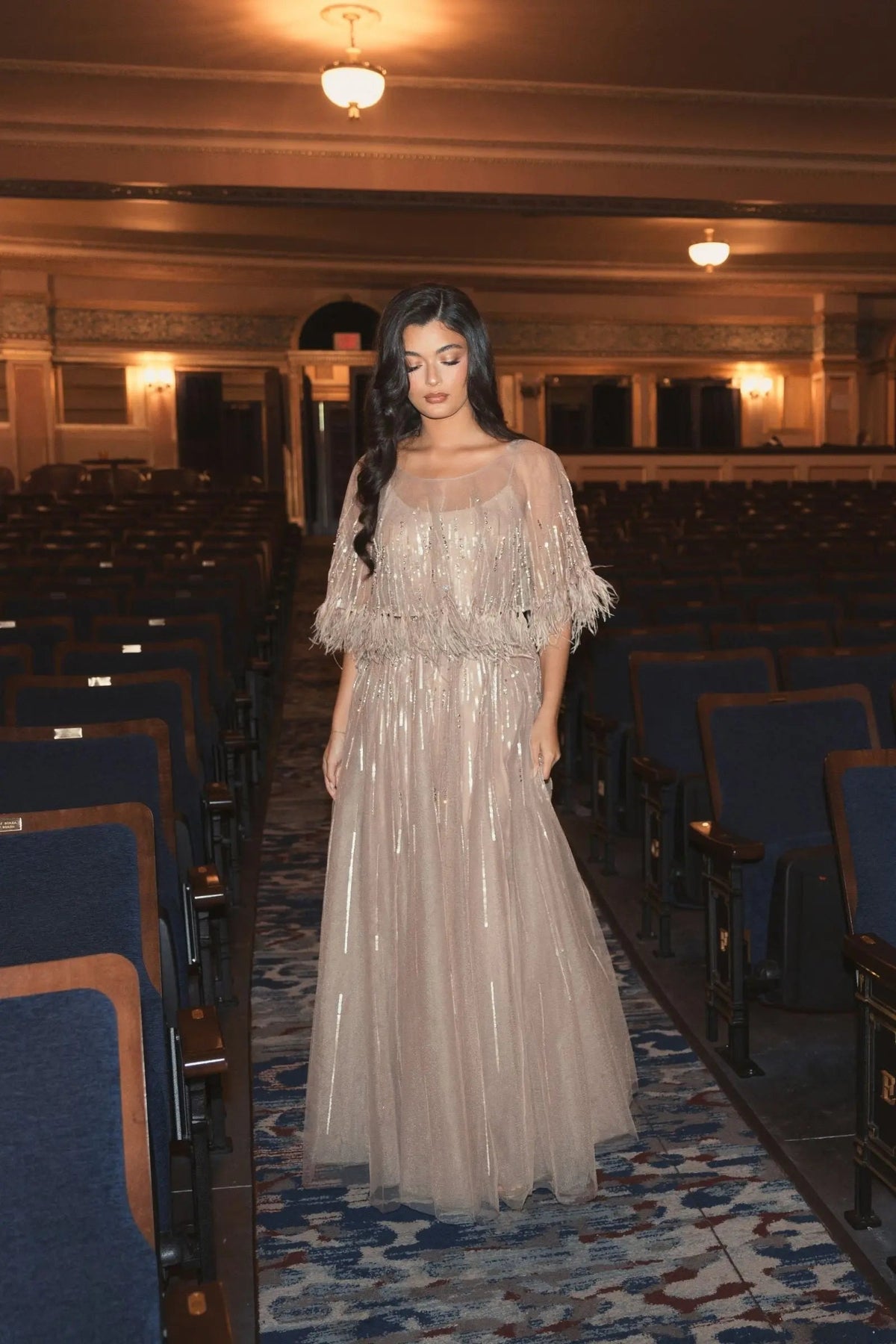 Beige Embellished A Line Gown with Feather Detail Cape