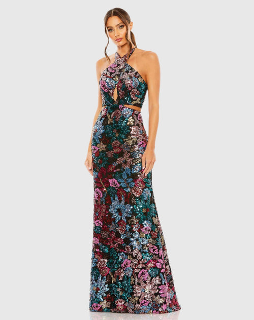 Black Sequin Embellished Cross Neck Gown